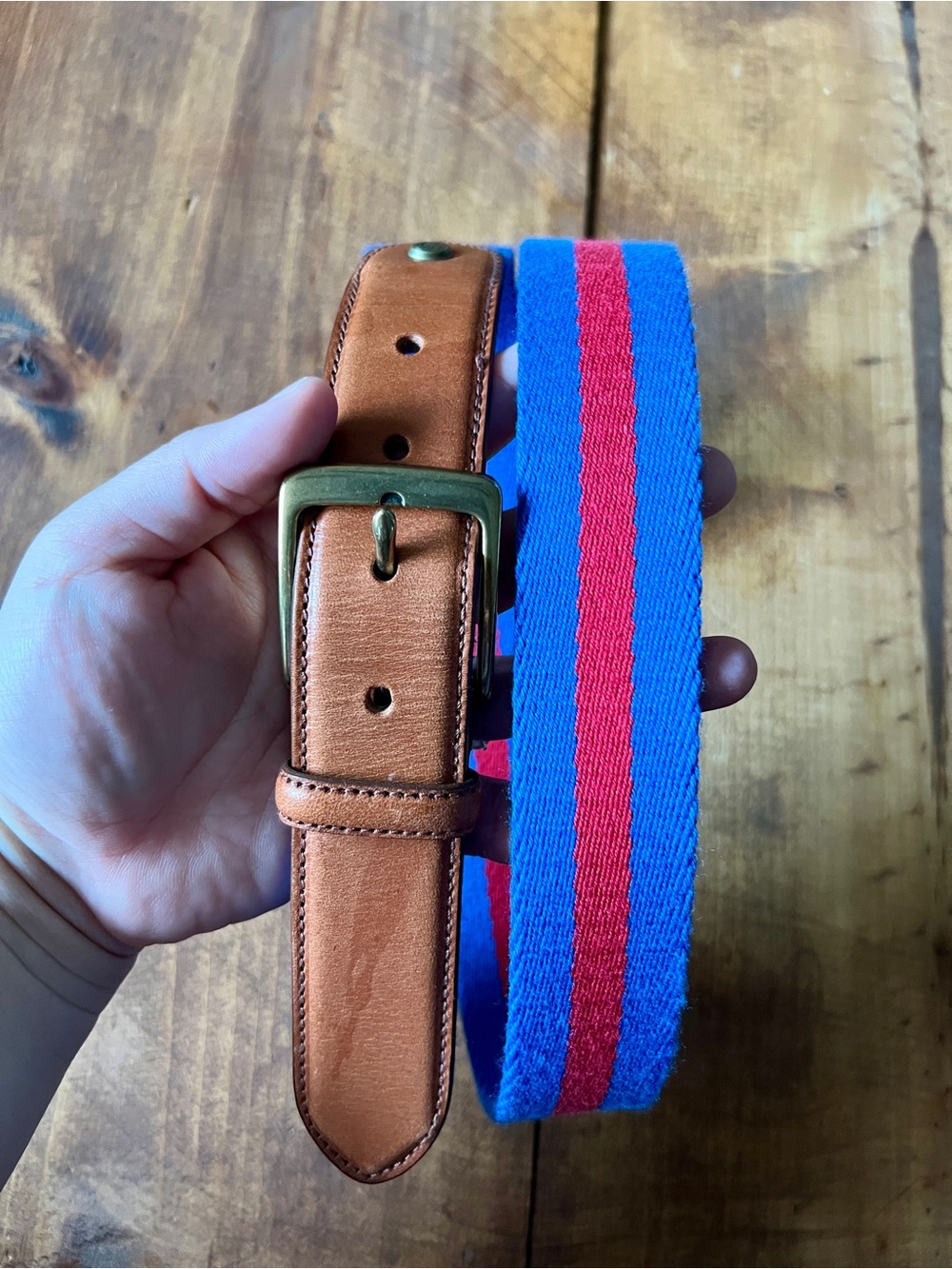 Brooks Brothers Mens Woven Surcingle Belt Leather Tab Red Blue Striped Size 42